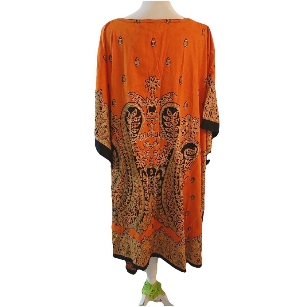 Boho Kaftan Dress Orange Paisley Tunic Loose Fit One Size Beach Cover Up - Picture 2 of 6